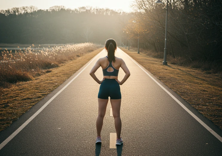 길 위에서 다음 단계로 나아가려 하는 한국인 여성의 뒷모습