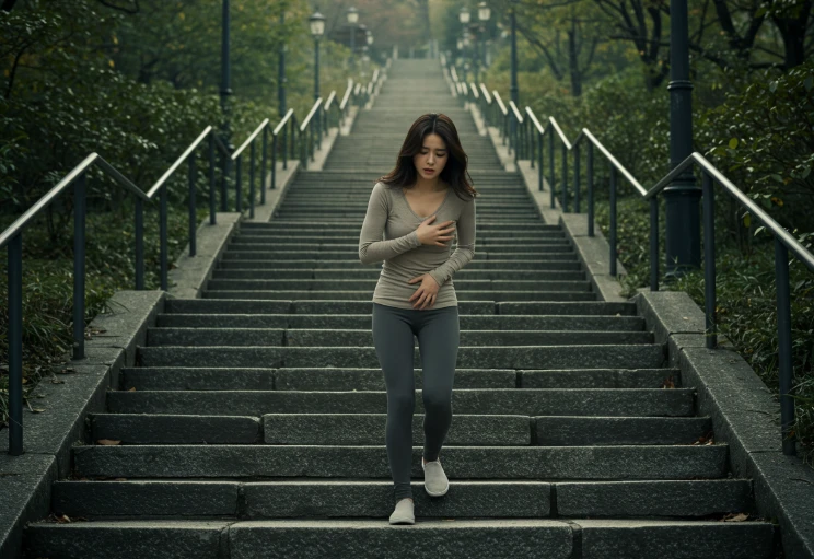 계단을 힘겹게 올라가는 한국인 여성의 모습