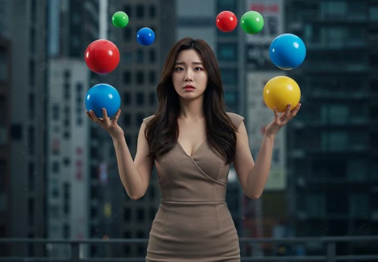 여러 개의 공을 들고 위태롭게 서 있는 한국인 여성의 모습