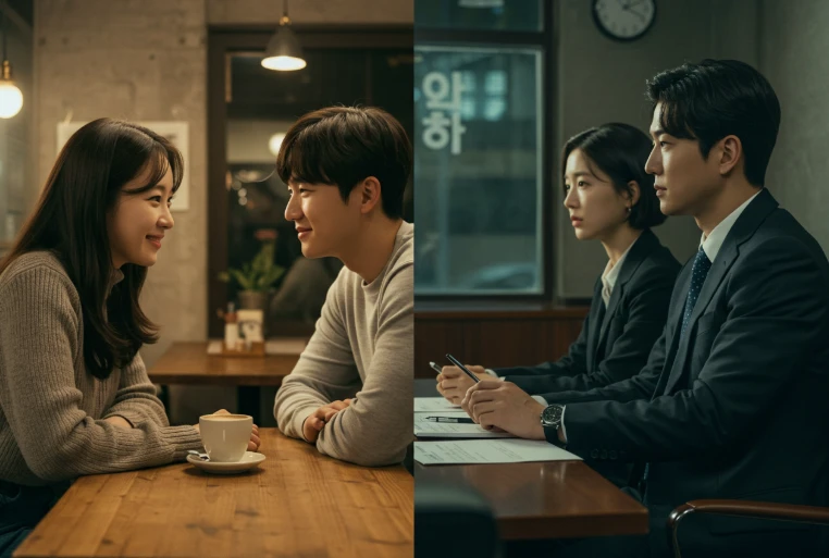 서로 다른 감정으로 길게 눈을 마주치는 두 쌍의 남녀