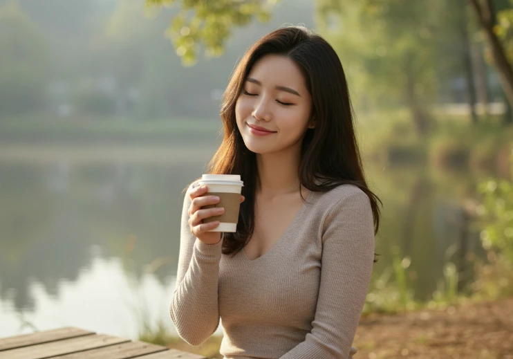 호수 옆 벤치에 앉아 커피를 마시며 여유를 즐기는 한국인 여성 호수 옆 벤치에 앉아 커피를 마시며 여유를 즐기는 한국인 여성