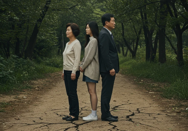 서로 등지고 서서 다른 곳을 바라보는 가족