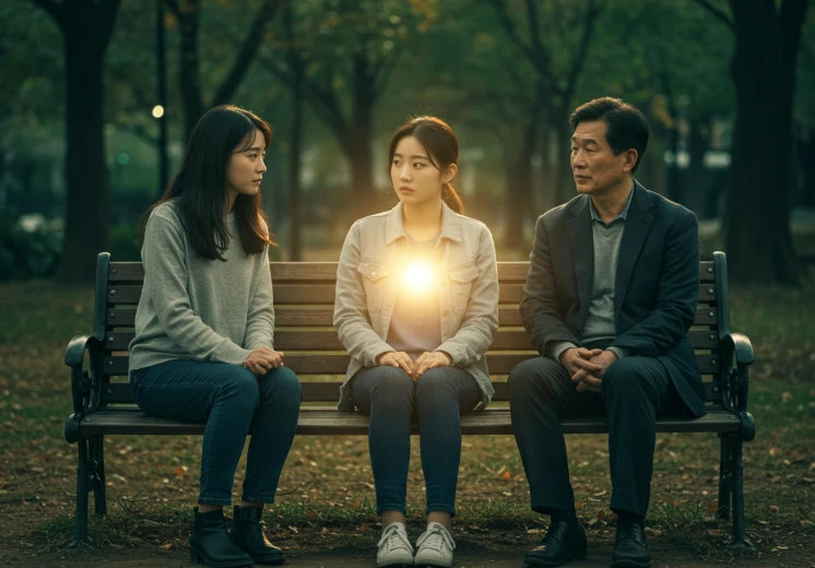 서로 마주 보고 앉아 대화하는 가족