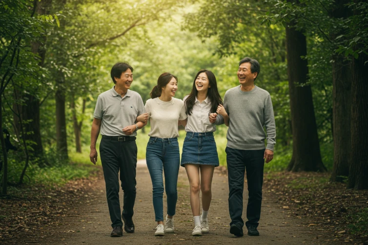 팔짱을 끼고 함께 길을 걷는 가족