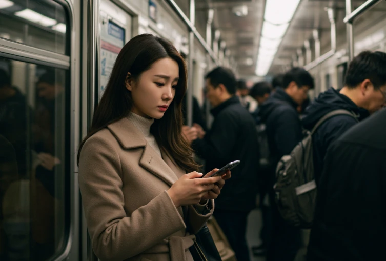 혼잡한 지하철 안에서 스마트폰을 들고 있는 한국인 여성의 사실적인 사진