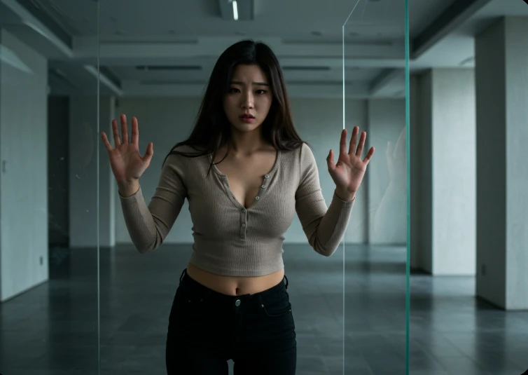 유리벽에 가로막혀 답답해하는 한국인 여성 유리벽에 가로막혀 답답해하는 한국인 여성