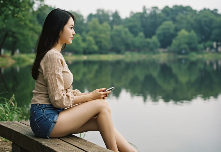 호수 옆 벤치에 앉아 휴대폰을 보고 있는 한국인 여성 호수 옆 벤치에 앉아 휴대폰을 보고 있는 한국인 여성