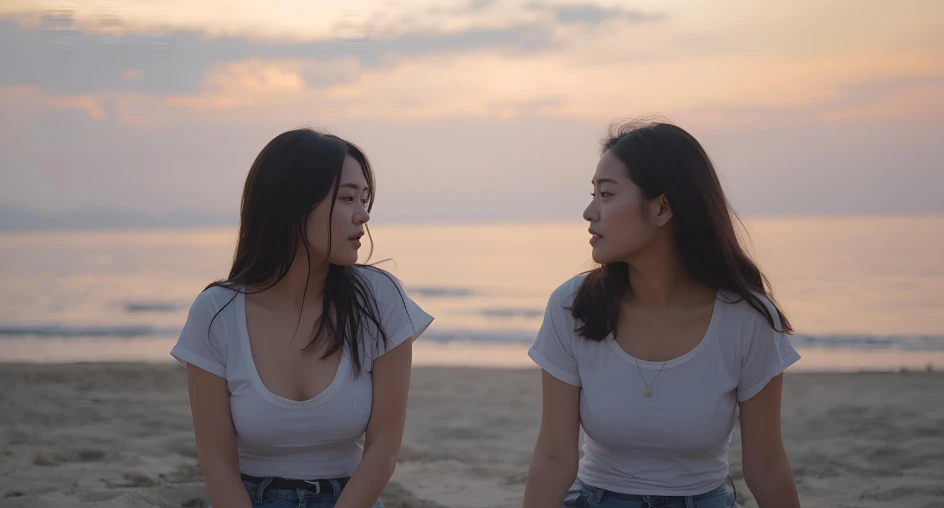 바닷가에서 대화를 나누는 두 명의 친구 바닷가에서 대화를 나누는 두 명의 친구