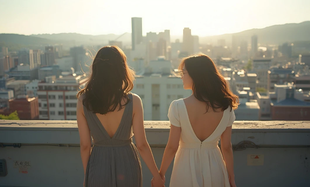 두 친구가 서로 손을 잡고 걸어가는 뒷모습 두 친구가 서로 손을 잡고 걸어가는 뒷모습