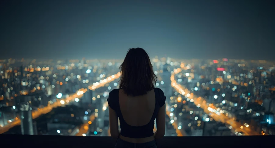 복잡한 도시 야경을 멍하니 바라보는 한 사람의 뒷모습