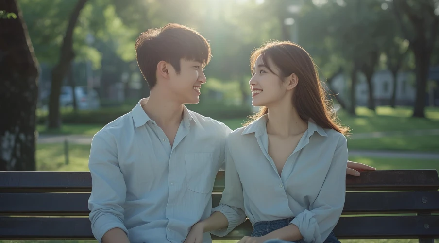 따뜻한 햇살 아래 서로 눈을 마주보고 웃고 있는 연인