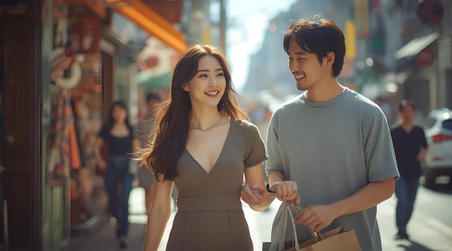 한 남성이 여성에게 친절한 태도로 무언가를 도와주는 모습