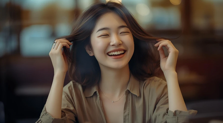 한 여성이 웃으며 머리카락을 만지는 모습의 클로즈업 사진