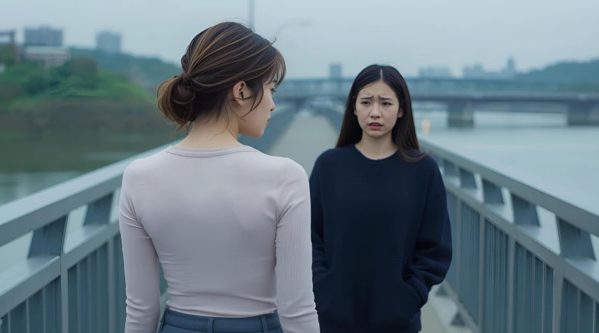 서로 다른 방향을 보고 있는 두 명의 젊은 한국 여성과 그 사이의 거리감을 보여주는 사진.