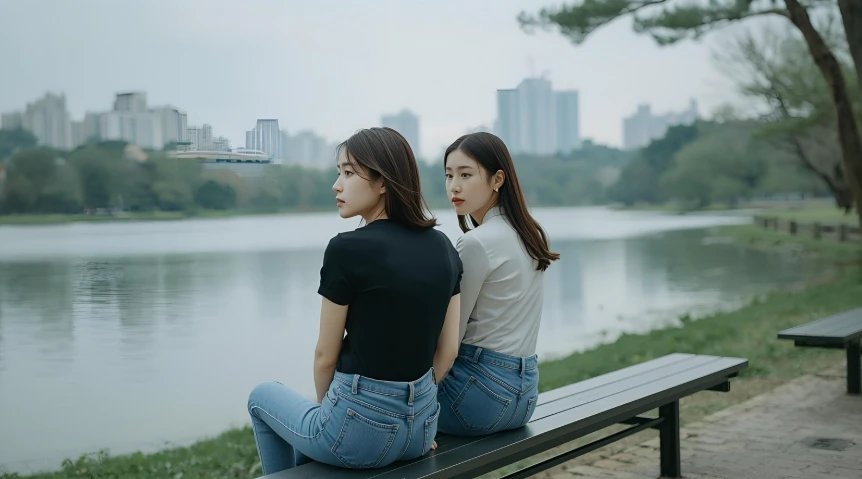 공원 호수 옆 벤치에 적당한 거리를 두고 앉아있는 두 명의 젊은 한국 여성.