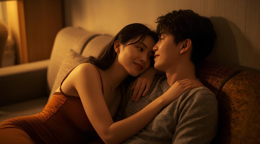 서로에게 몸을 밀착시키고 깊은 눈빛으로 마주보는 젊은 한국인 연인.