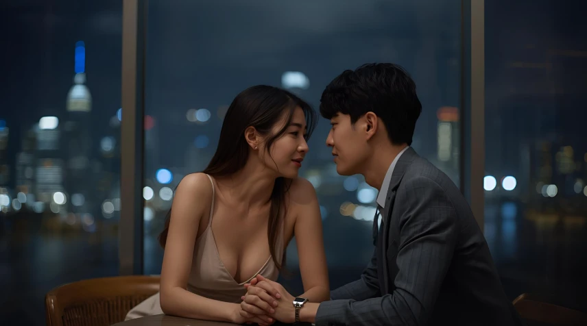 도시의 야경이 보이는 고층 레스토랑 창가에서 대화를 나누는 젊은 한국인 연인.