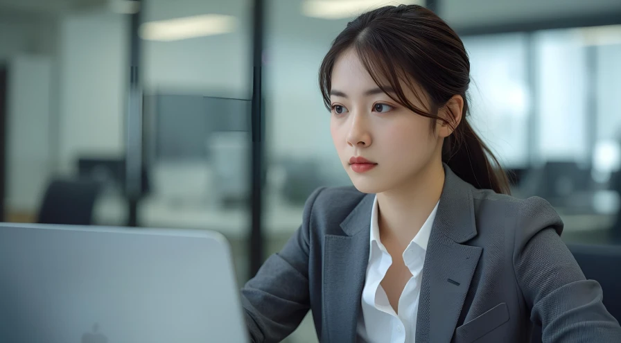 사무실 책상에 앉아 업무 중이지만 무언가 고민에 잠긴 표정의 젊은 한국 여성.