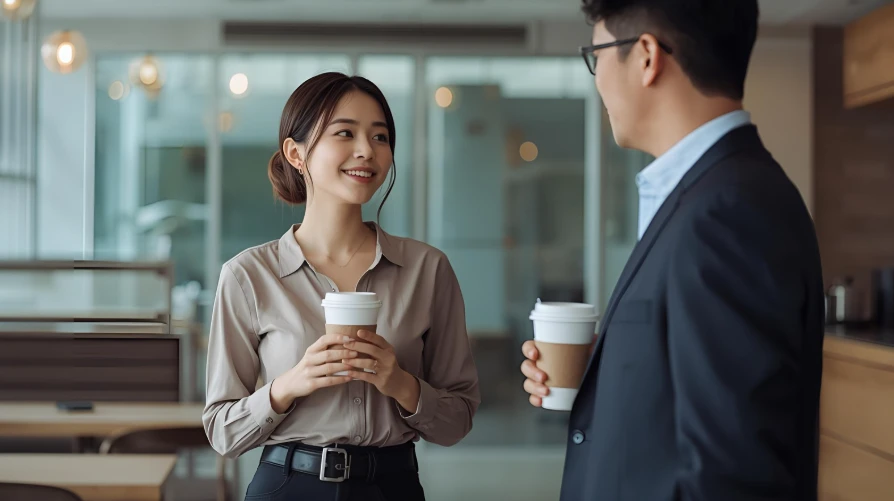 사무실 카페 공간에서 커피를 마시며 웃으며 대화하는 두 명의 젊은 한국인 직장 동료.