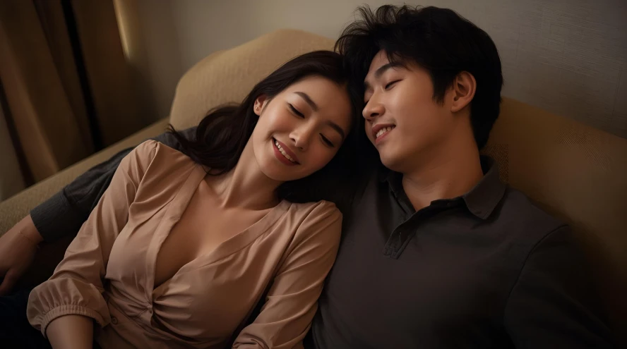 로맨틱한 분위기의 장소에서 서로에게 기대어 부드럽게 미소 짓는 젊은 한국인 연인.