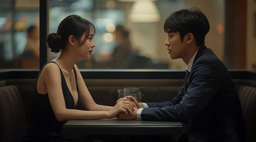 로맨틱한 분위기 속에서 서로 눈을 마주보며 진지하게 대화하는 젊은 한국인 연인.