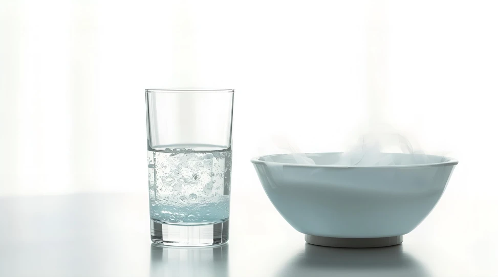 깨끗한 유리컵에 담긴 생리식염수와 따뜻한 물에서 피어오르는 증기.