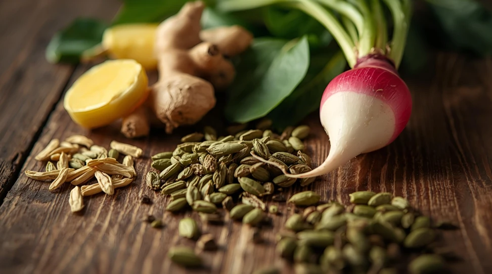 신선한 생강, 녹차 잎, 작두콩, 무가 함께 놓인 사진.