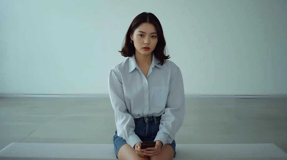 미니멀한 공간에 홀로 앉아 생각에 잠긴 듯한 젊은 한국 여성.
