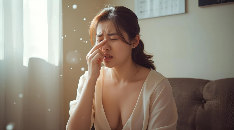 재채기와 코 가려움으로 괴로워하는 젊은 한국 여성의 모습. 재채기와 코 가려움으로 괴로워하는 젊은 한국 여성의 모습.