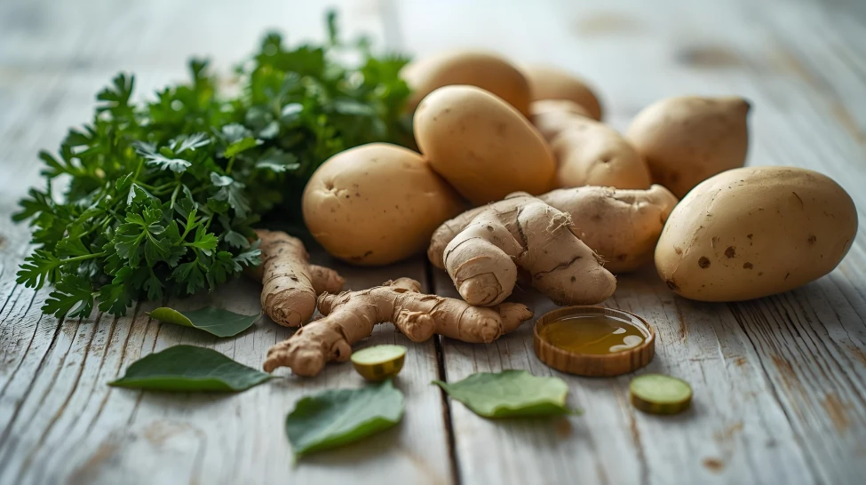 비염에 좋은 것으로 알려진 신선한 감자, 미나리, 연근, 녹차, 생강. 비염에 좋은 것으로 알려진 신선한 감자, 미나리, 연근, 녹차, 생강.