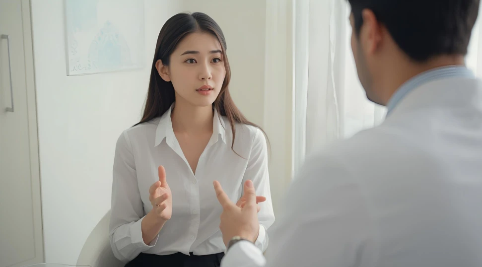 이비인후과 진료실에서 의사와 진료에 대해 상담하는 젊은 한국 여성의 모습. 이비인후과 진료실에서 의사와 진료에 대해 상담하는 젊은 한국 여성의 모습.