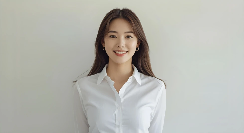 밝게 미소 지으며 자신감 있는 자세로 서 있는 젊은 한국 여성.