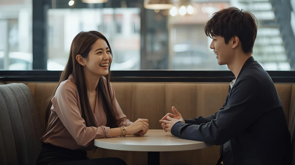 카페에서 서로 마주 보며 밝게 웃고 대화하는 젊은 한국인 남녀.