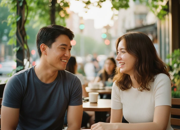 햇살이 비치는 야외 카페에서 마주 앉아 대화하는 두 명의 남녀.