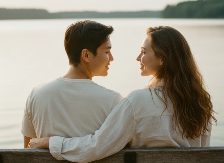 공원 벤치에 앉아 편안하게 서로를 마주 보며 이야기하는 한국인 남녀.