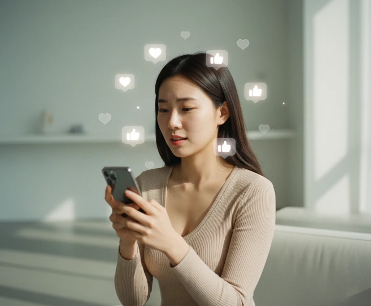 휴대폰 화면을 보며 여러 감정을 표현하는 한국 여성.