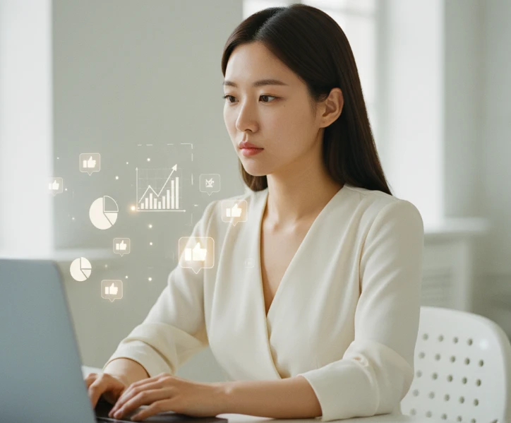 노트북으로 SNS 활동을 분석하는 듯한 모습의 한국 여성.