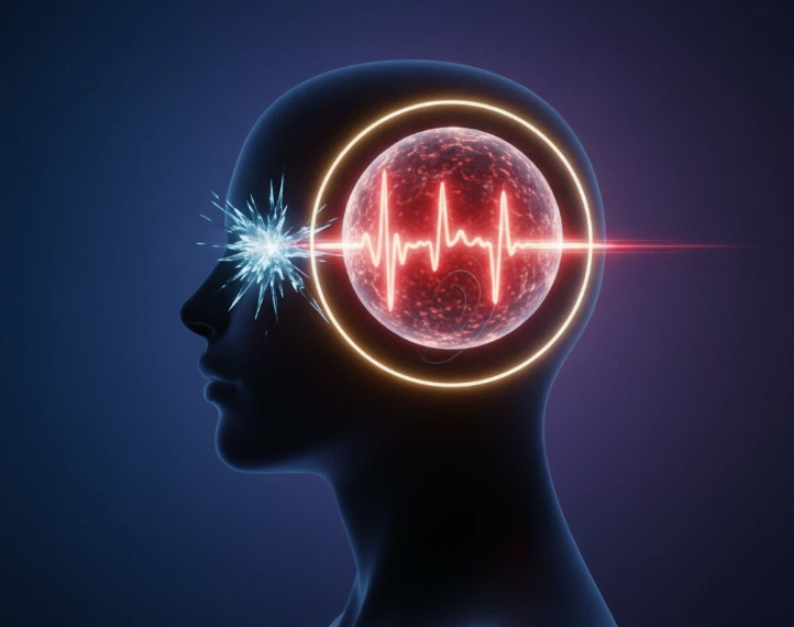 머리를 조이는 듯한 통증, 한쪽 머리의 욱신거림, 눈 주위의 날카로운 통증을 상징하는 이미지.