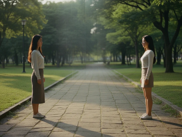 두 여성이 마주 보고 서 있지만, 심리적 거리가 느껴지는 공간.