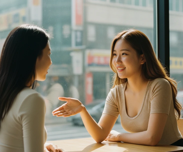 다른 여성에게 먼저 손을 내밀며 미소 짓는 한국 여성.