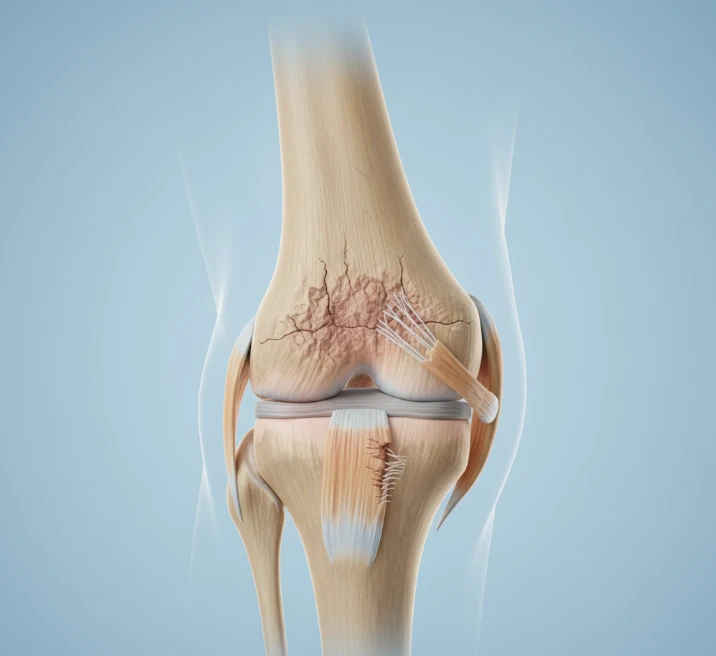 무릎 통증을 유발하는 다양한 질환을 상징하는 무릎 관절 이미지.