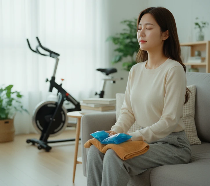 무릎에 찜질하는 한국 여성과 주변 운동 도구.