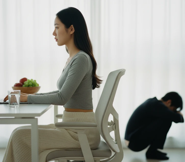 바른 자세로 의자에 앉아있는 한국 여성과 건강한 생활 습관을 상징하는 요소들.