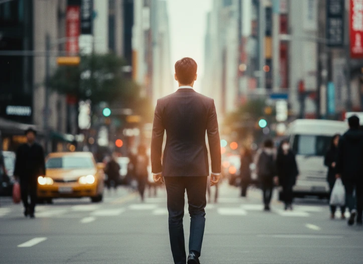 고개를 들고 당당하게 걸어가는 남성의 뒷모습.
