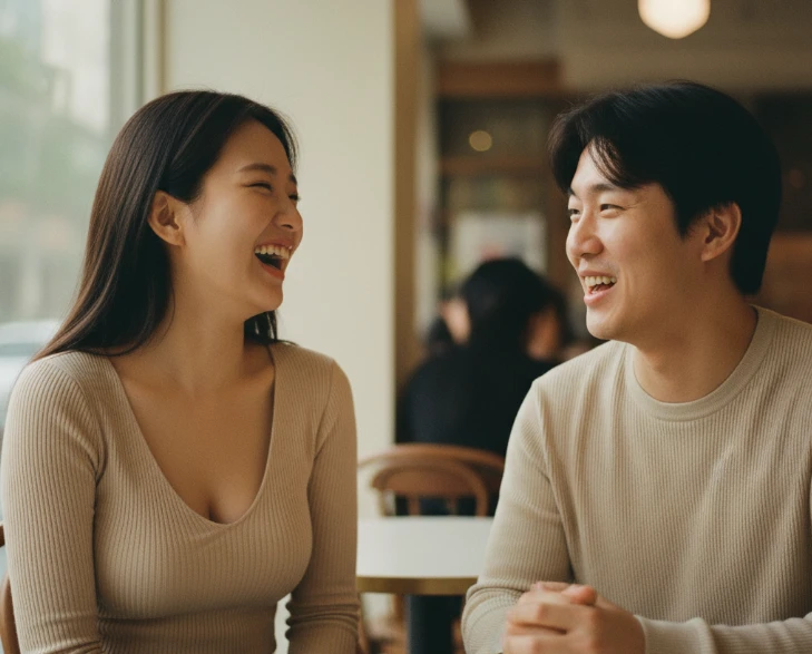 카페에서 대화하며 웃는 남성과 여성.