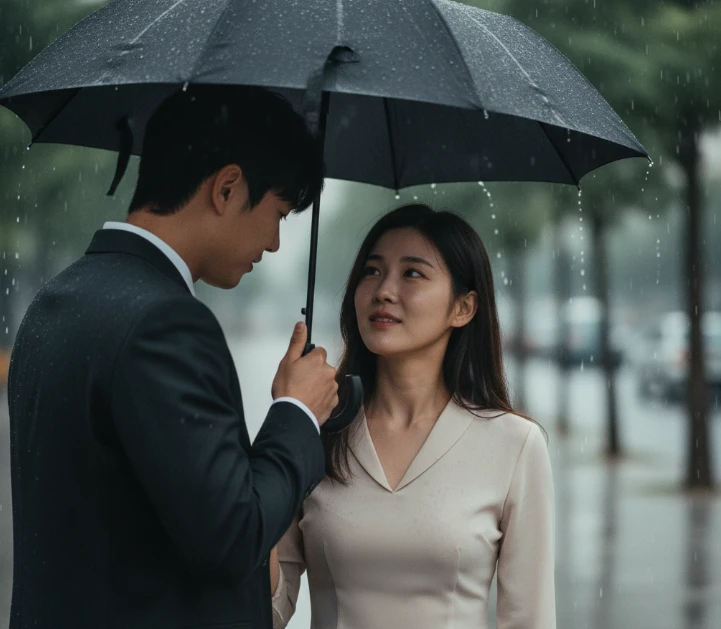 빗속에서 여성에게 우산을 씌워주는 남성.