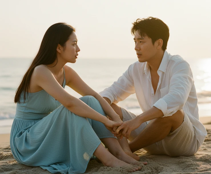 바닷가에 앉아 진지하게 대화하는 한국인 연인.