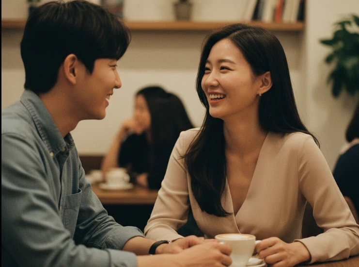 소개팅 자리에서 서로 마주 보며 즐겁게 대화하는 두 사람