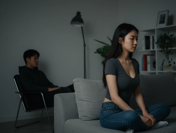 부부싸움 후 서로 등지고 앉아있는 부부