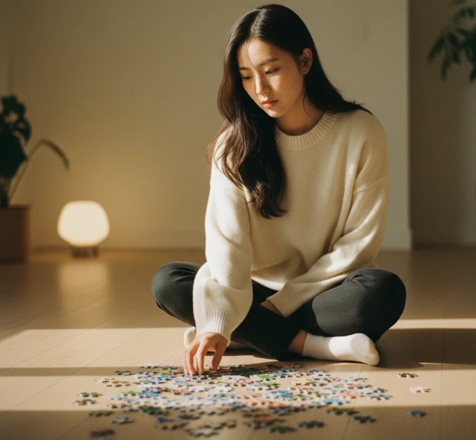 흩어진 퍼즐 조각을 보며 고백 타이밍을 고민하는 한국 여성